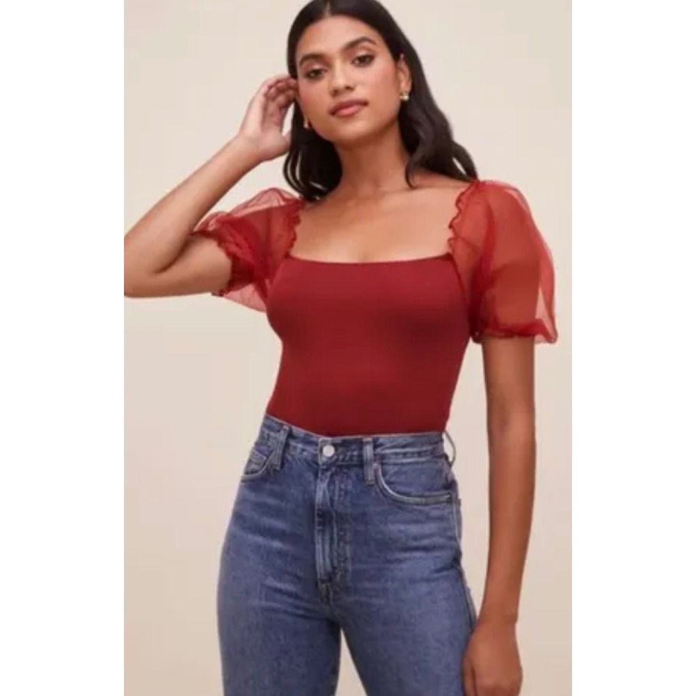 ASTR The Label Burgundy Ribbed Knit Sheer Puff Sleeve Bodysuit‎ XS Wine Red